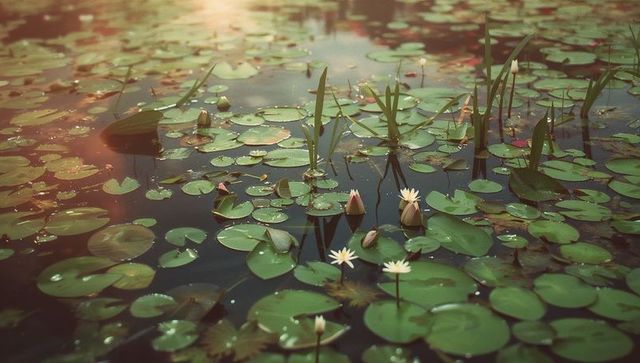 Serene lily pond with blossoming white water lilies