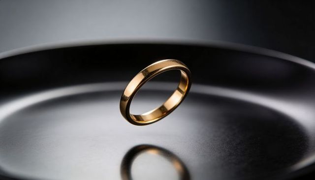 Floating gold wedding band hovering above glossy surface with clear reflection