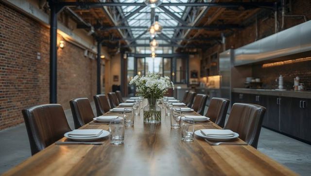 Industrial Loft Long Wooden Dining Table with White Floral Centerpiece and Leather Chairs