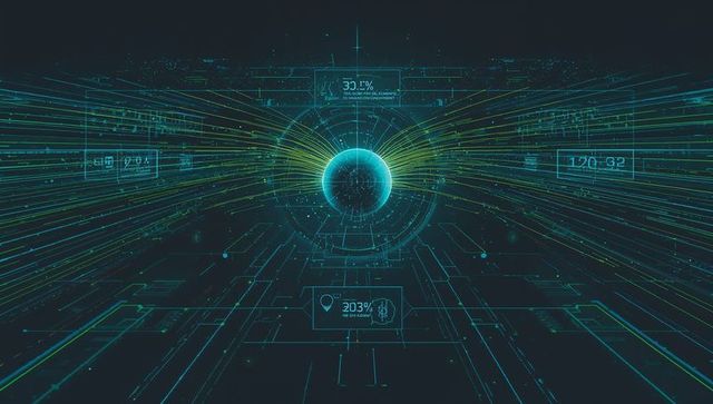 Cyan holographic orb projecting neon data trails across futuristic hud interface