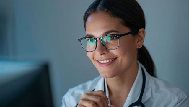 Smiling female doctor with glasses and stethoscope viewing screen during virtual consultation