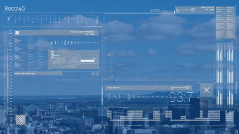 Digital Data Interface Over Cityscape with Modern HUD