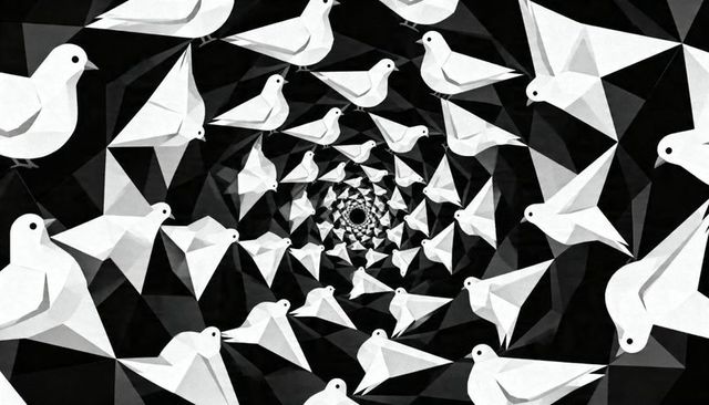 Spiraling origami doves forming monochrome geometric tunnel