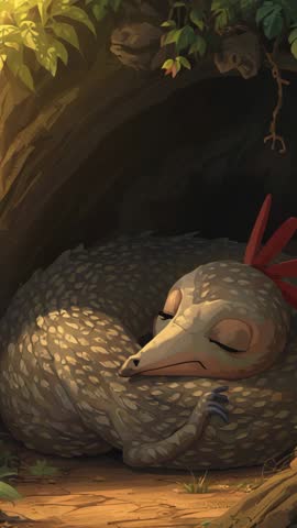 Sleeping bird-like creature curled in forest root cave, cinematic vertical wildlife video