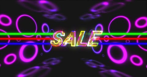 Neon sale sign with vibrant circles and lights