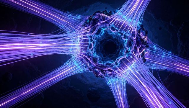 Neon cosmic hub radiating electric-blue filaments pulsing neural energy nexus among asteroids