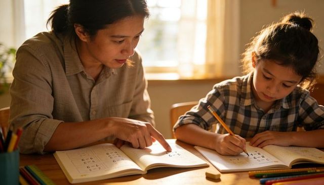 Parent tutoring child on math workbook during sunlit homework study session