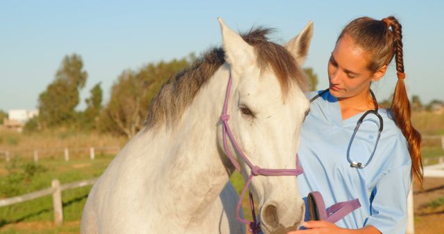 A young Caucasian female veterinarian is examining a white horse in a field, with copy space. Her focused attention on the animal reflects the care and professionalism required in veterinary medicine.