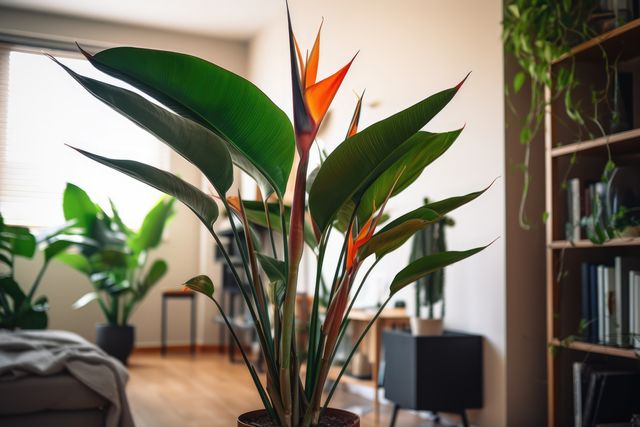 Bird of Paradise plant prominently displayed in a modern living room, basking in natural light. Ideal for use in content about indoor gardening, modern home decor, and bringing greenery into living spaces. Perfect for lifestyle blogs, interior design inspiration, and promoting sustainable living.