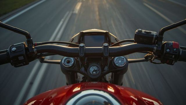 Riding motorcycle helm-view showing red fuel tank, handlebars, gauges and action camera