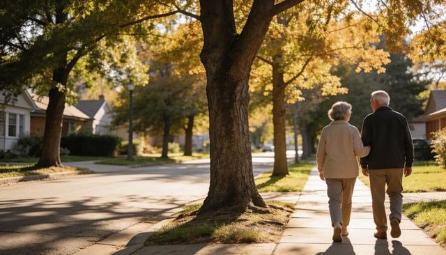 Senior Couple Walking Arm-in-Arm on Autumn Suburban Sidewalk at Golden Hour