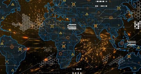 Futuristic global network map showing golden data streams, alerts, hex grid interface