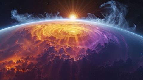 Ethereal venus cosmic landscape with radiant sunburst over planet horizon