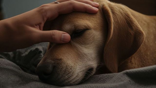 Sleeping tan labrador receiving gentle head stroke on cozy gray blanket, closeup tenderness