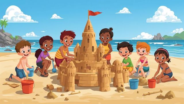 Seven children building epic sandcastle on sunlit tropical beach with buckets