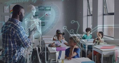 Teacher holding skeleton teaching augmented reality anatomy lesson with holographic display