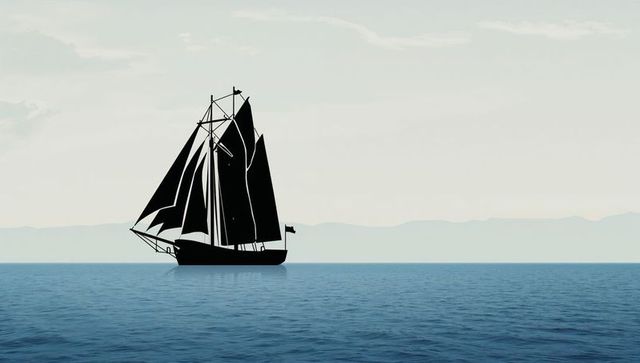 Traditional sailing ship silhouette against tranquil sea horizon