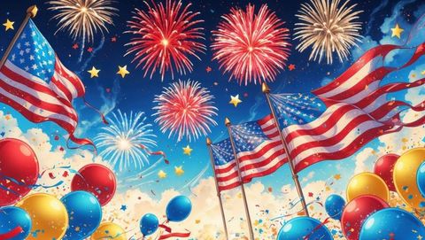 Patriotic celebration with american flags and fireworks