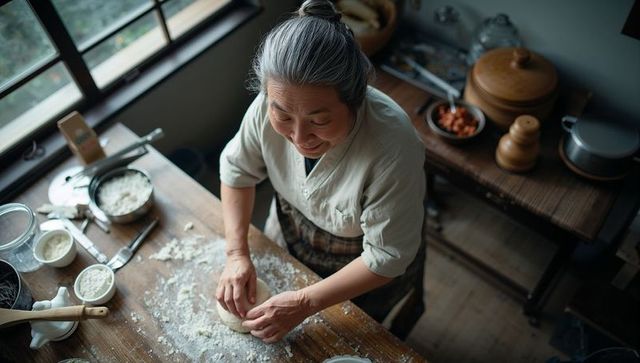 Senior Asian woman kneading dough in rustic sunlit kitchen, homemade baking tradition