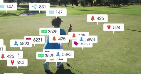 Golfer aligning putt with social media notifications overhead