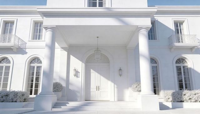 Sunlit neoclassical entrance featuring grand portico, round columns and arched windows