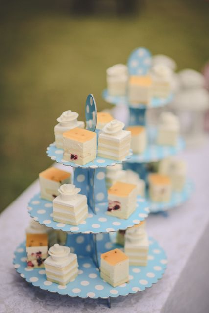 Close up of multiple pastries in a cake stand. Birthday and celebration concept