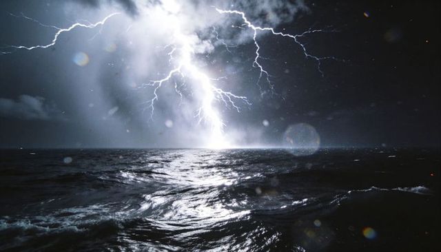 Lightning Bolt Striking Ocean at Night, Dramatic Waves, Branching Forks and Electric Sky
