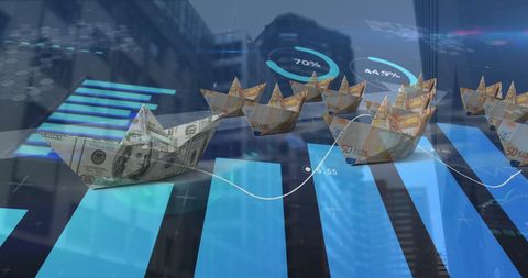 Financial success concept with money boat and data graphics