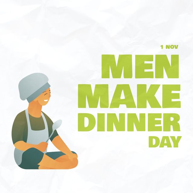 Image of men make dinner day over cartoon male chef and white background. Food, cooking and men preparing meal concept.