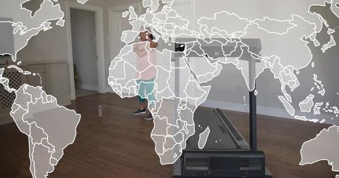 Couple stretching near treadmill at home with global map overlay and pink water bottle