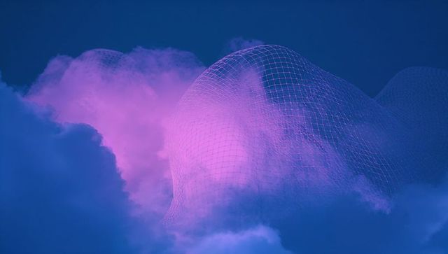 Abstract Purple Cloud Formation with Futuristic Mesh in Blue Void