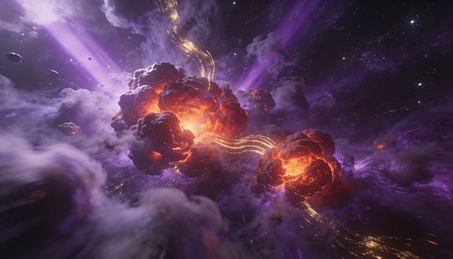 Colliding Violet Plasma Nebulae Glowing with Molten Cores and Arcing Golden Filaments