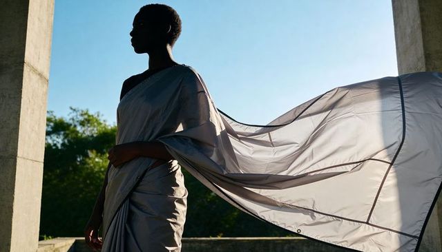 Backlit silhouette elegant draped woman posing with sheer fabric billowing on terrace