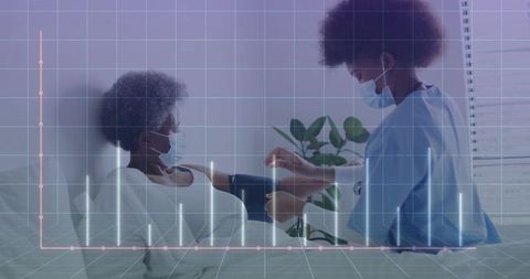 Nurse measuring blood pressure with digital health data overlay, patient care monitoring