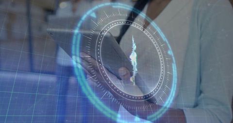 Business professional holding tablet with holographic hud and radial data visualization