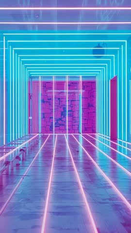 Moving through neon tunnel revealing LED frame progression in reflective modern hall vertical video