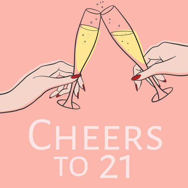 Illustration of hands clinking champagne glasses with 'Cheers to 21' written below, ideal for 21st birthday party invitations, social media graphics celebrating milestones, or as a festive greeting card design. The pink background and elegant drawing style add a festive and celebratory touch perfect for young adults celebrating a coming-of-age event.