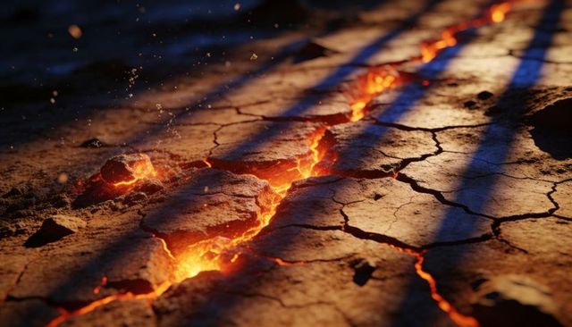 Molten fissure splitting parched earth at sunrise with glowing lava embers and shadow bands