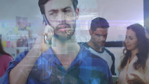 Businessman Analyzing Data with Smartphone and Holographs