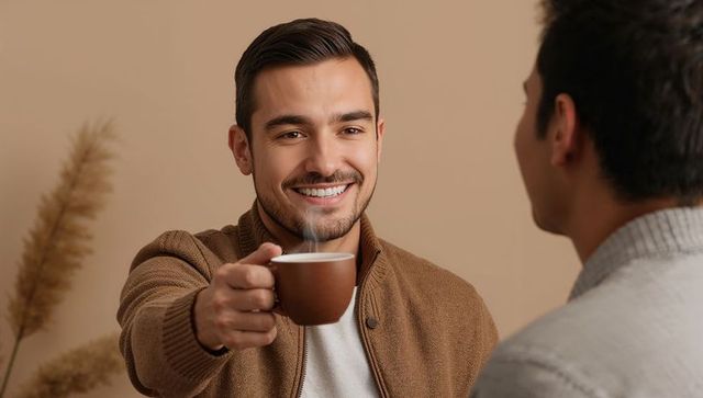 Smiling man offering steaming coffee mug to friend in cozy beige interior