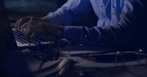 It professional typing at home workspace with cyber data overlay