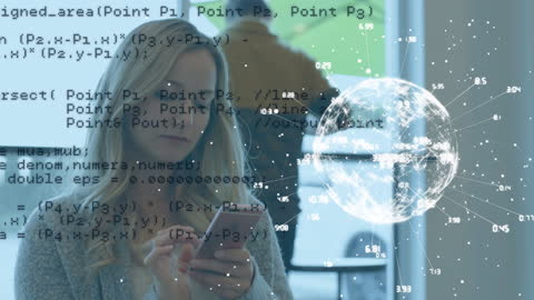 Woman Using Smartphone with Data Animation and Globe
