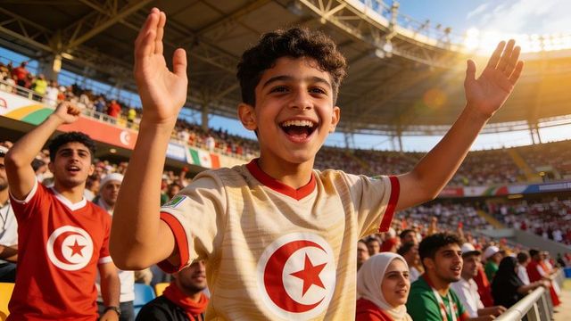 Young tunisian soccer fan cheering in stadium wearing crescent-star jersey and scarf