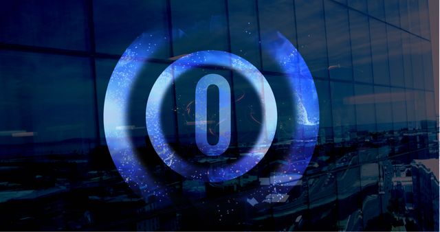 Animated blue countdown projected over reflective glass windows urban building creates a modern dynamic backdrop. Suitable for video intro, outro, presentation layout, digital signage, corporate videos, time-related presentations, and technology-themed visuals.