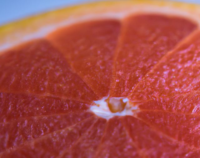 Zoomed-in view of a red grapefruit slice displaying its vibrant colors and detailed texture. Ideal for use in food blogs, healthy eating campaigns, nutritional articles, citrus product advertisements, or culinary presentations highlighting freshness.