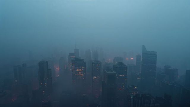 Moody Skyscrapers in Dense Urban Fog at Dawn