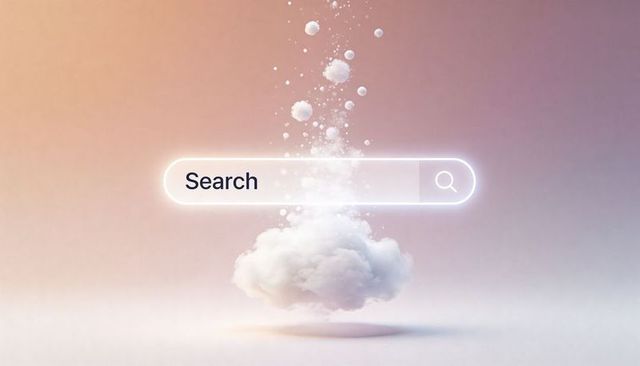 Floating cloud search bar with glowing interface and particles for ai discovery