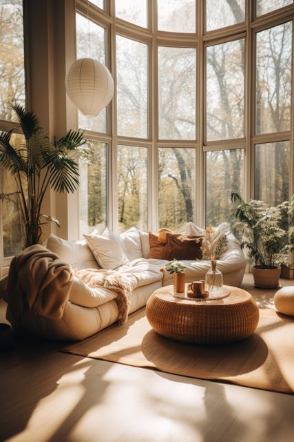 Sunlit cozy living space featuring a large sofa, abundant natural light, and large windows showcasing outdoor greenery. Modern interior with tasteful decor including indoor plants and a wicker coffee table. Perfect for highlighting modern lifestyle, home comfort, and interior design elements.