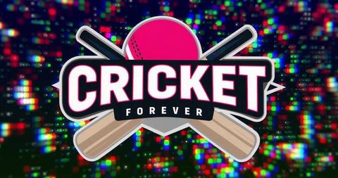 Cricket forever logo featuring crossed bats, pink ball and neon pixel background