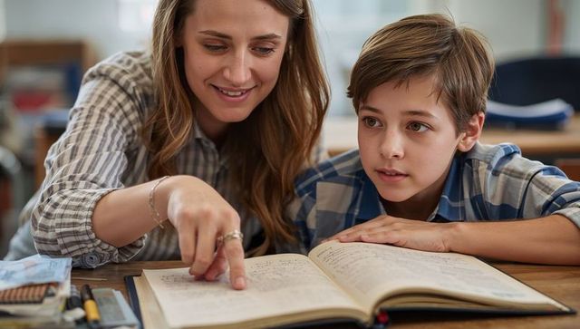 Female teacher guiding focused elementary student through workbook at classroom study desk